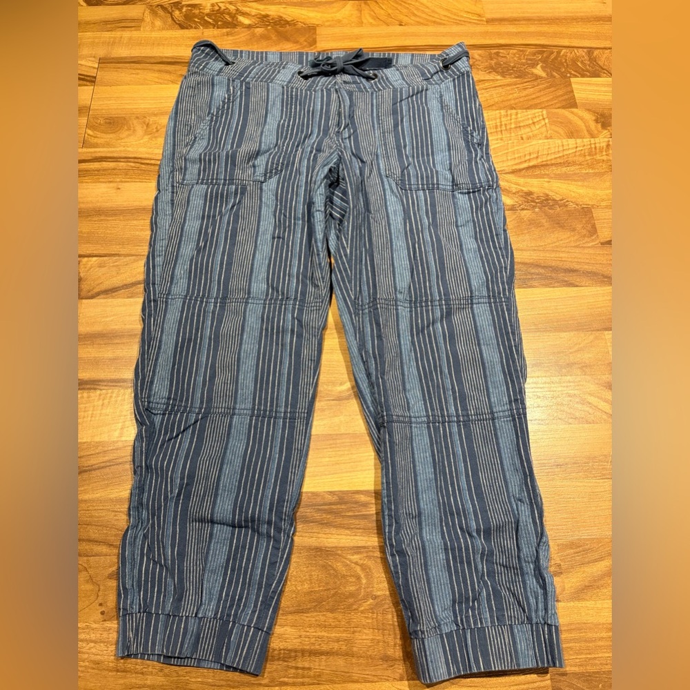 Prana Women's Striped Tapered Leg Linen Cotton Blend Cropped Pants Size 10 Blue